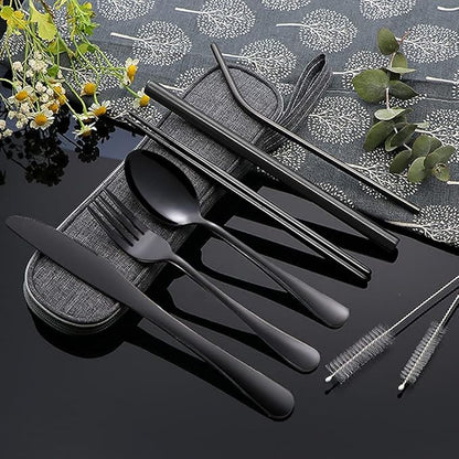 Portable Utensils Set,Reusable Travel Cutlery Set with Case Stainless Steel Flatware Set for Camping 8pcs Including Dinner Knife Fork Spoon Chopsticks Boba Straw (Black)