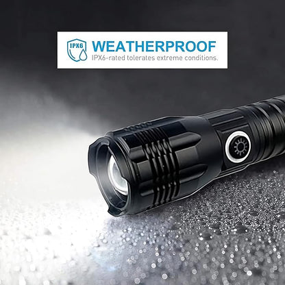 Ultra-Bright 10000 Lumen Rechargeable LED Flashlight - Zoomable, Water-Resistant, and Adjustable Brightness - Versatile Emergency Torch with 4 Modes for Outdoor Activities - Ideal for Camping, Hiking
