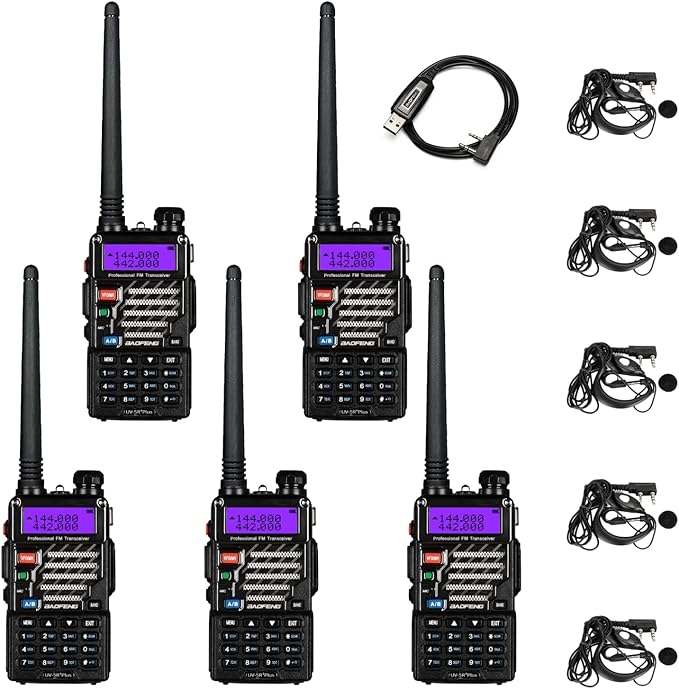 5 Pack Baofeng UV-5R+ Plus Ham Radio Handheld, Dual Band Two Way Radio Rechargeable Long Range Walkie Talkies, with Earpiece & Programming Cable (Black)