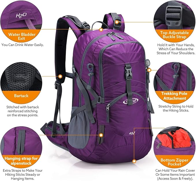 G4Free 45L Hiking Travel Backpack Waterproof with Rain Cover, Outdoor Camping Daypack for Men Women