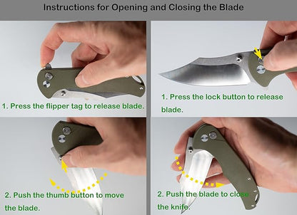 FD04 Folding Pocket Knife, D2 Steel Blade G10 Handle and Button Lock EDC Pocket Cool Knife for Men and Women, Camping Hunting Hiking Fishing Knives Tools (Green Clip)