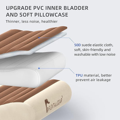 FLEXTAILGEAR Neck Contour Inflatable Camping Pillow, Ergonomic Travel Pillow Backpacking Gear with Removable Cover Separate TPU Bladder for Camp, Hiking, Airplane, Road Trip, Office(Brown)