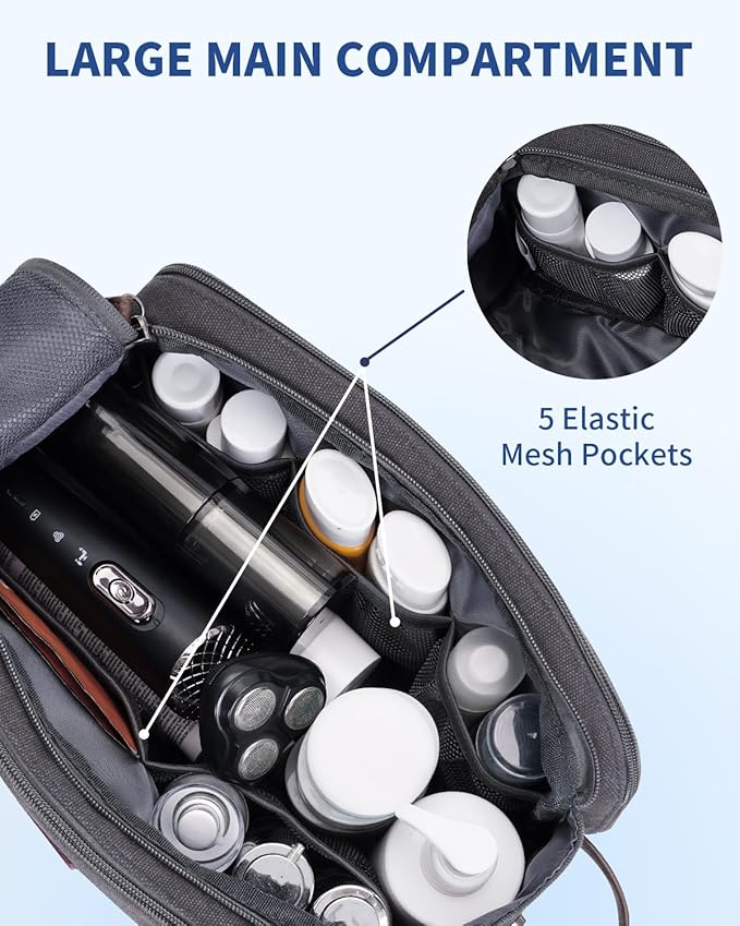 WANDF Toiletry Bag for Men Travel Toiletry Organizer Canvas and Leather Dopp Kit Water-Resistant Shaving Bag for Travel Accessories (Grey, Patent Pending)