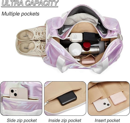 Sports Gym Dance Bag for Women Girls, Shimmery Waterproof Duffle Travel Bag With Shoes Compartment and Wet Dry Pocket (Purple)