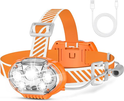 Rechargeable Headlamp, 20000 High Lumen 5 LED Head Lamp with Red White Light, IPX4 Waterproof Headlight,8 Mode Head Flashlight for Outdoor Running Hunting Fishing Hiking Camping Gear-Orange