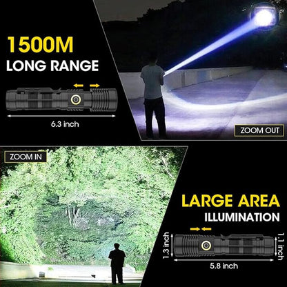 Rechargeable Flashlight High Lumens, 12000 High Lumens Super Bright Flash Light, 1500 Meter Long-Range Zoomable LED Flashlights for Emergency, EDC, Searching, Waterproof Flashlight Dimmable