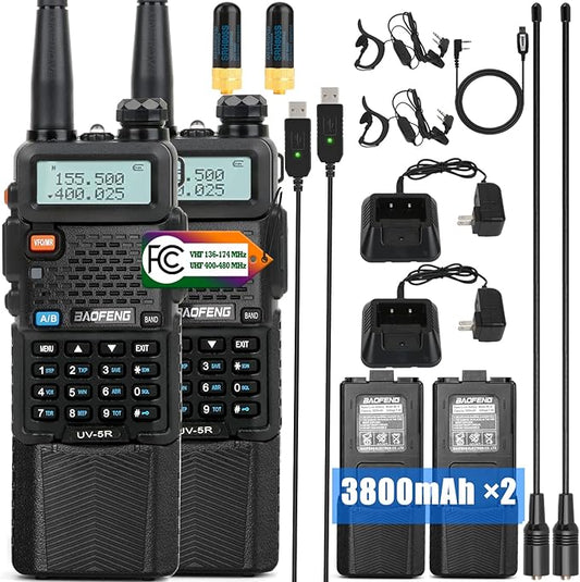 BAOFENG Radio UV-5R 2Pack with 3800mAh Extended Battery and USB Charger Cable, Rechargeable Handheld Ham Radios Long Range (VHF & UHF) with High Gain Antenna and Programming Cable (2Pack)
