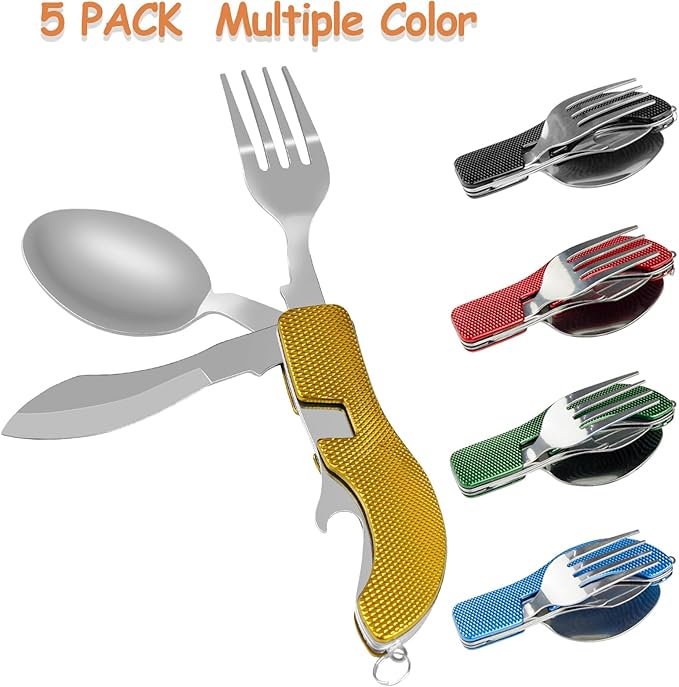 5 Pack Camping Utensils, 4-in-1 Portable Stainless Steel Cutlery with Fork, Spoon, Knife, and Bottle Opener - Lightweight, Detachable, and Durable Camping Silverware for Outdoor Events and Adventures
