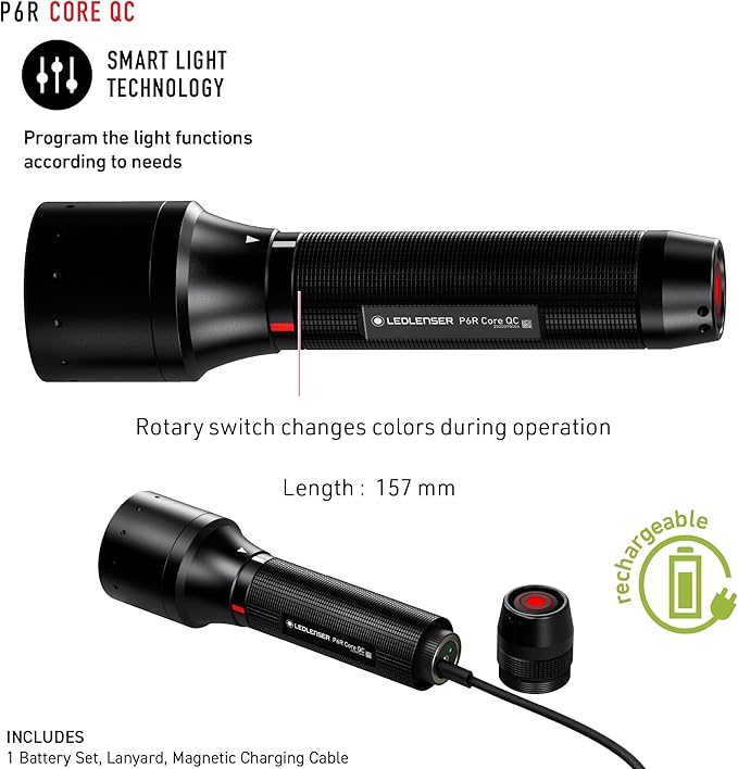 Ledlenser P6R Core QC, 4 Color Focusing Flashlight, Advanced Focus System, Rapid Focus, Multicolor Strobe, Micro-USB Rechargeable Port