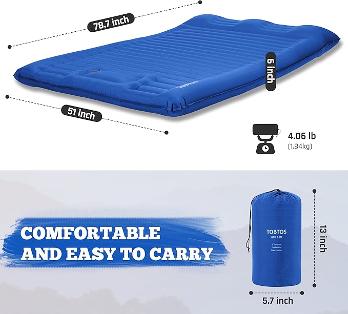 TOBTOS Double Sleeping Pad for Camping, Extra Thick 6" Camping Mattress 2 Person with Pillow Built-in Foot Pump, Inflatable Sleeping Mat for Camping, Backpacking, Hiking, Traveling(Blue)