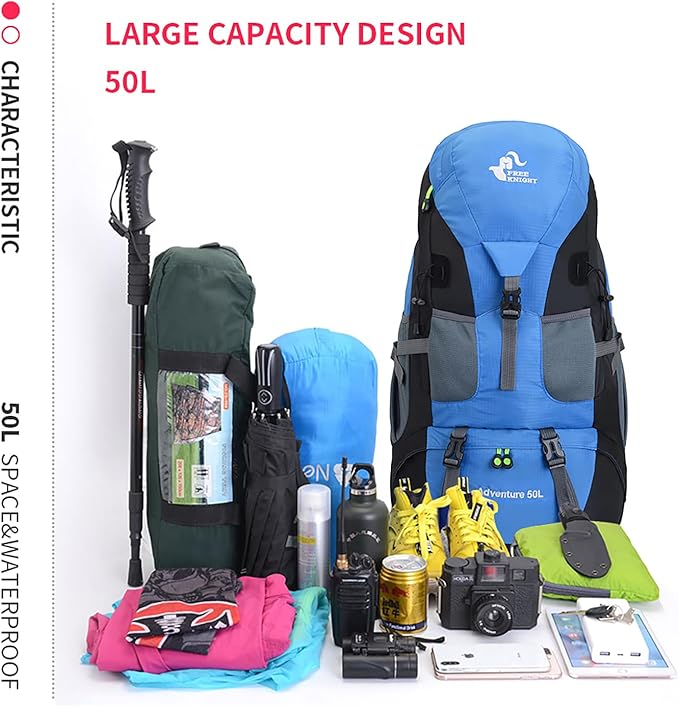 Bseash 50L Hiking Backpack, Water Resistant Lightweight Outdoor Sport Daypack Travel Bag for Camping Climbing Touring (Light Blue - No Shoe Compartment)
