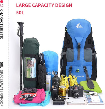 Bseash 50L Hiking Backpack, Water Resistant Lightweight Outdoor Sport Daypack Travel Bag for Camping Climbing Touring (Light Blue - No Shoe Compartment)