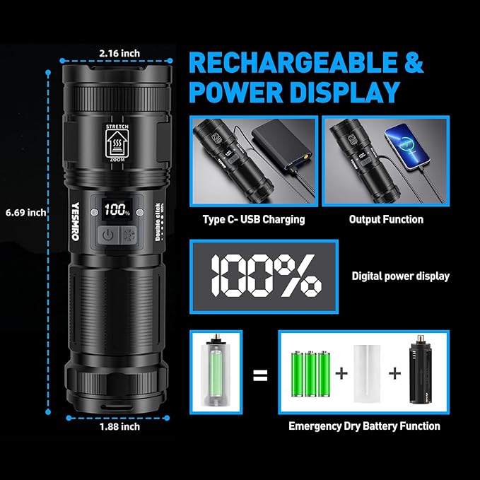 Flashlights High Lumens Rechargeable,Super Bright Flashlight with Tail COB Work Light,Zoom,8 Modes,1.5 Pounds Mid-Size Powerful Tactical Flashlights for Emergencies Camping