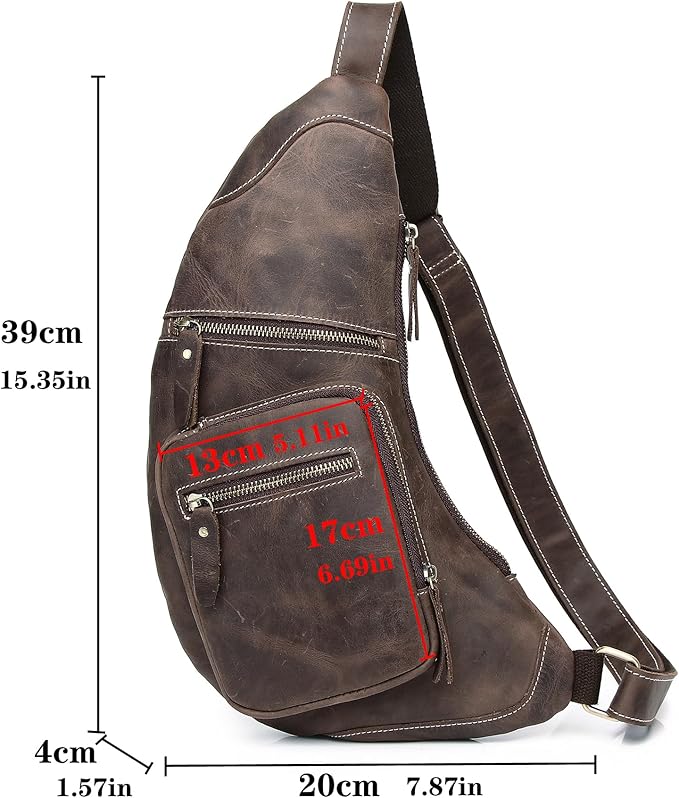 KPYWZER Full Grain Genuine Leather Sling Bag for Men Women Shoulder Backpack Satchel Crossbody Chest Casual Outdoor Daypack Deep Brown