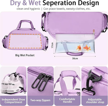 FIORETTO 30L Sports Gym Duffle Bag with Wet Pocket & Shoe Compartment, Weekender Hospital Overnight Bag for Women, Sports Holdall Backpack