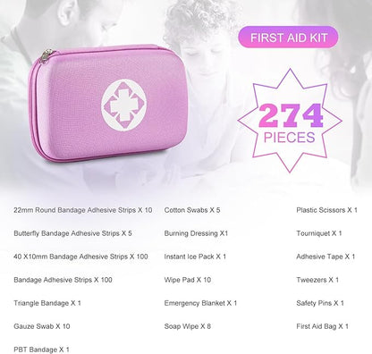 274PCS Travel First Aid Kit Supplies for Business, Emergency Backpacking Essentials Items Trauma First Aid Survival Kits for Outdoor Adventure, Pink Monoki