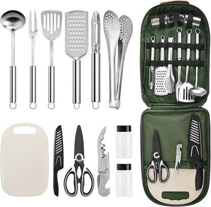 Extremus 13 Pcs Camp Kitchen Cooking Utensil Set Cookware Kit - Travel Organizer Grill Accessories Portable Compact Gear for Backpacking BBQ Camping Travel,Combat Green