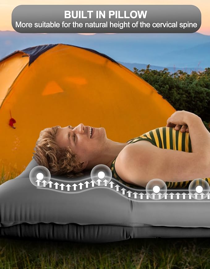 5'' Extra Thick Sleeping Pad for Camping - Self Inflating Camping Pad with Pillow Foot Pump, Roll Up Inflatable Mattress Pad for Camping Backpacking, Hiking, Tent, Traveling (Grey)
