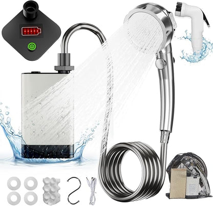 Portable Shower for Camping, Rechargeable Electric Camping Shower Pump with Battery Level Display, Multiple Spray Head with 3-Speed Mode & Pause Button for Outdoor Travel,Hiking, Easy to Store