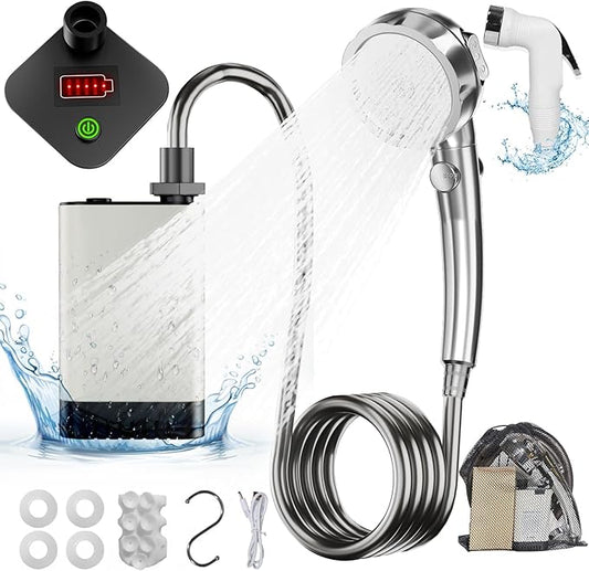 Portable Shower for Camping, Rechargeable Electric Camping Shower Pump with Battery Level Display, Multiple Spray Head with 3-Speed Mode & Pause Button for Outdoor Travel,Hiking, Easy to Store