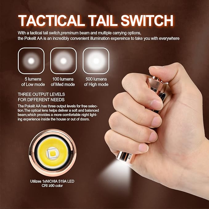 ACEBEAM Pokelit AA Rechargeable Mini Flashlight with Clip, 500 High Lumens Pocket EDC Flashlight, Super Bright Small Flashlight,519A 90+ High CRI Led Flashlight for Camping,Hiking,Everyday Use(Copper)