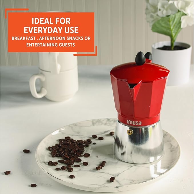 IMUSA USA B120-42T Aluminum Stovetop Coffeemaker, Espresso Machine, 3-Cup, Red