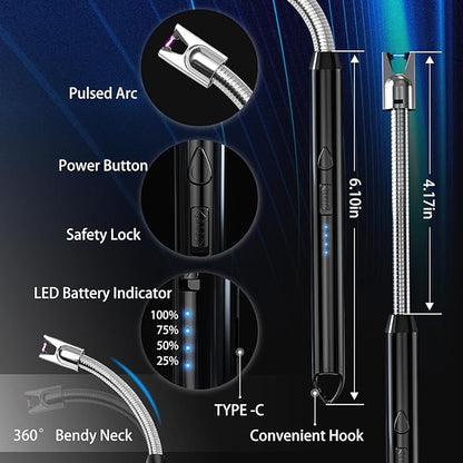 2 Pack Plasma Arc Electric Lighters Rechargeable - USB Long Reach for Scented Candles, BBQ Grill &Camping - Windproof Design Lighters
