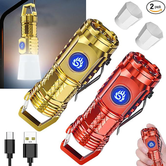 German Three-eyed Monster Mini Flashlight Thumb Flashlight, Mini Flash Super Power Flashlight, Multi-Functional Mini Pen Clip Flashlight Light Steel High Lumen Rechargeable Waterproof (Red+Gold)
