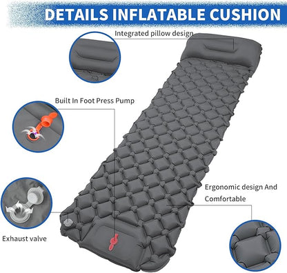 DDD Ultra-Light Inflatable Camping Sleeping Pad with its Built-in Foot Pump and Pillow - The Ultimate Camping pad, Hiking pad, Backpacking Pad and Lightweight for a Outdoor Sleep——Gray