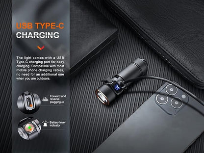 Fenix E18R V2.0 EDC Flashlight, 1200 Lumens USB-C Rechargeable Ultra Compact Pocket Light with Lumentac Organizer (Black)