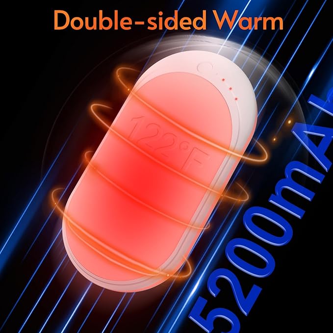 Hand Warmers USB Rechargeable 5200 mAh 1 Pack Electric Portable Reusable Pocket Power Bank Double-Sided Heaters for Heat Therapy Great, Raynauds, Hunting, Golf, Camping, Women Mens Winter Gifts