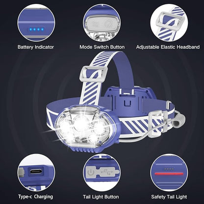 Rechargeable Headlamp, 20000 High Lumen Bright 5 LED Head Lamp with Red White Light,IPX4 Waterproof Headlight,8 Mode Head Flashlight for Outdoor Running Hunting Fishing Hiking Camping Gear-Blue