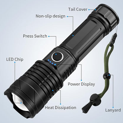 Rechargeable LED Flashlights High Lumens(ΒATTERY Included), 990,000 Lumens Super Bright Flashlight, Powerful Waterproof Flash Light Multifunctional Flashlights for Home Camping