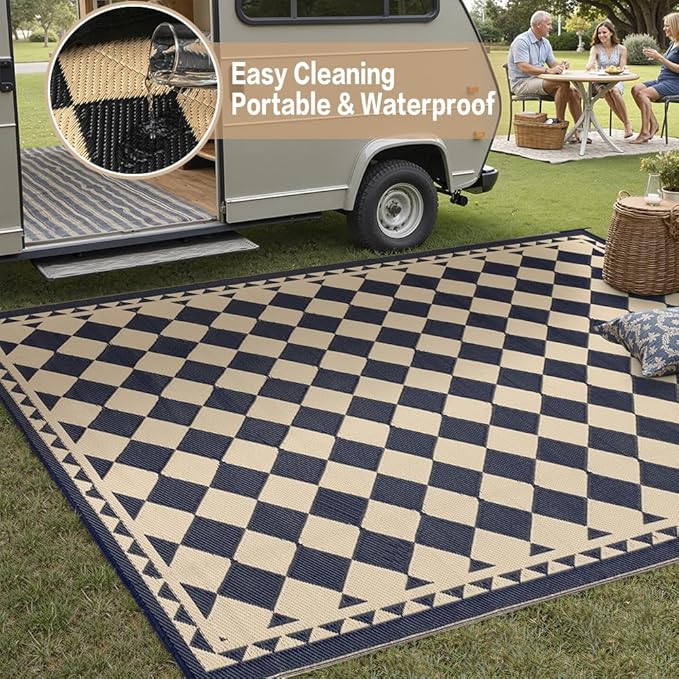 Outdoor Rug for Patios Clearance,Waterproof Mat,Large Outside Carpet,Reversible Plastic Straw Camping Rugs,Rv,Porch,Deck,Camper,Balcony,Backyard (5x8,Checkered/Black&Beige)
