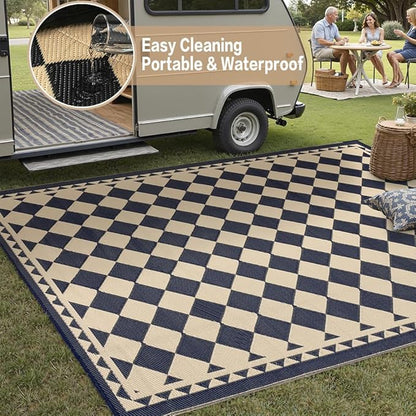 Outdoor Rug for Patios Clearance,Waterproof Mat,Large Outside Carpet,Reversible Plastic Straw Camping Rugs,Rv,Porch,Deck,Camper,Balcony,Backyard (5x8,Checkered/Black&Beige)
