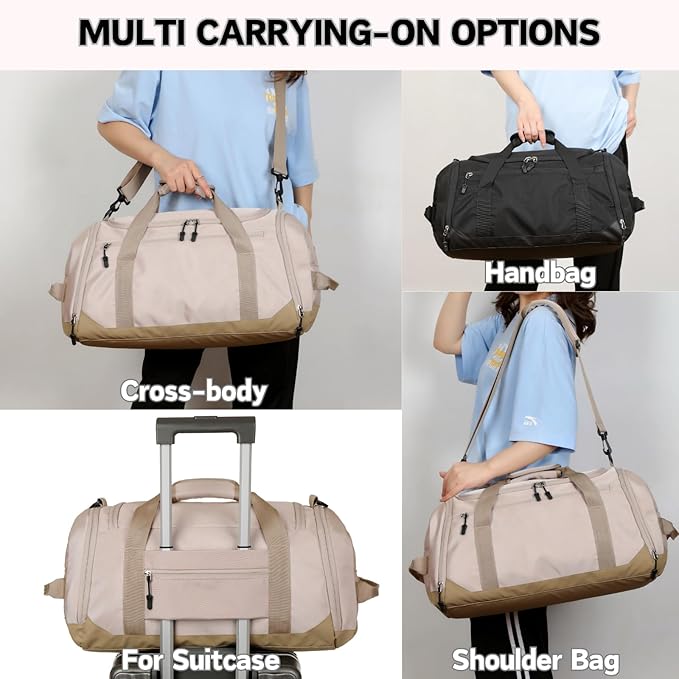 Gym Bag for Men Women, Large Sports Travel Duffle Bag with Wet Pocket & Shoe Compartment, 35L Waterproof Lightweight Carry On Overnight Weekender Bag for Workout, Fitness, Business - Beige