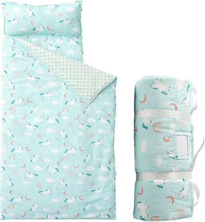 Bunnikins & Clover Toddler Nap Mat with Removable Pillow, Nap Mats for Preschool, Easy Clean Toddler Nap Pad for Kindergarten, Kids Sleeping Bag for Travel Camping