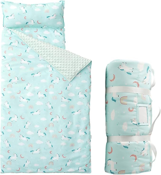 Bunnikins & Clover Toddler Nap Mat with Removable Pillow, Nap Mats for Preschool, Easy Clean Toddler Nap Pad for Kindergarten, Kids Sleeping Bag for Travel Camping