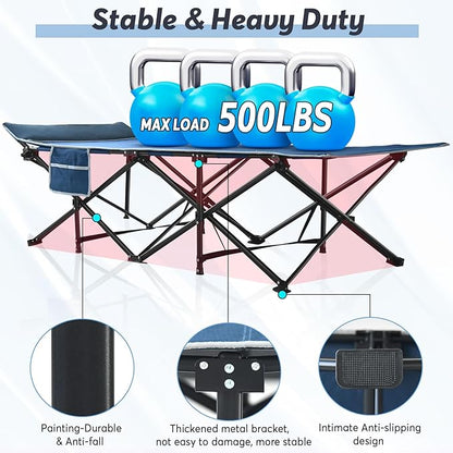 Slendor Oversized XXL Camping Cot, Folding Cot for Adults, 79" L x 32" W x 19" H Sleeping Cot with Mattress, Carry Bag, Camp Cot Bed for Travel, Guest, Support 500lbs, Blue Cot+ Grey Pad