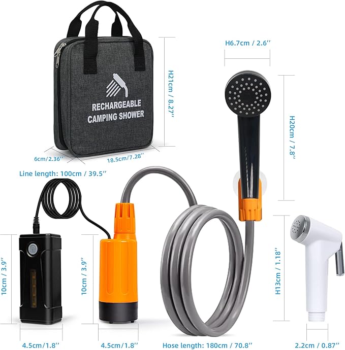Portable Shower for Camping, Rechargeable Portable Camping Shower, Camp Shower with Double Portable Shower Head and 2 Flow Mode, Camping Shower for Hiking Beach Swimming Outdoor