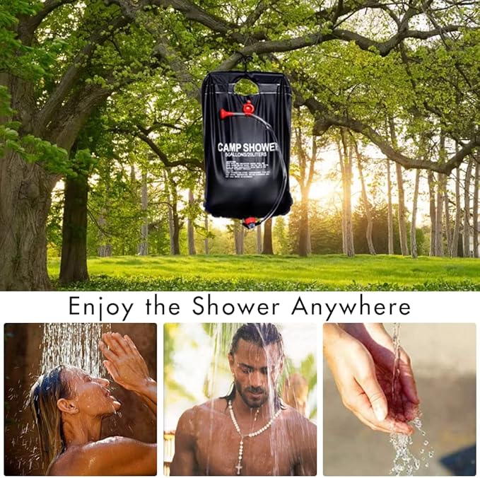Felicia Portable Solar Heated Camp Shower Bag, 5Gallons/20L PVC Outdoor Shower Bag with Temperature 50°C On/Off Switch Shower Head for Camping Beach Hiking