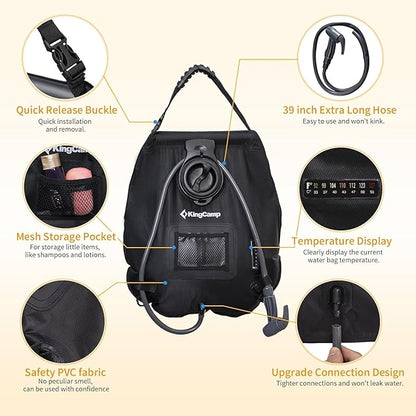 KingCamp Solar Shower Bag, Leak-Proof Design Camping Shower Bag with Thermometer, Removable Hose & Switchable Shower Head, 5 gallon/20L