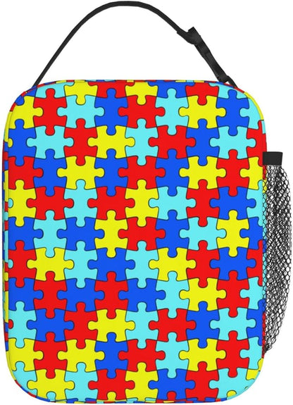 Colorful Puzzle Rainbow Piece Insulated Lunch Bag Reusable Cooler Lunch Box Portable Leakproof Thermal Container Tote Bags for Girls Boys School Travel