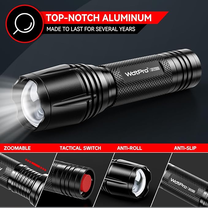 WdtPro LED Flashlight High Lumens SR2000 Pro - 2 Pack Brighter Tactical Flashlights with 5 Modes & Zoomable - Powerful Mini Flash Light for Emergency, Camping, Hiking