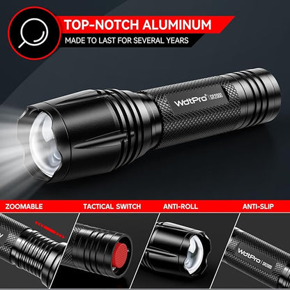 WdtPro LED Flashlight High Lumens SR2000 Pro - 2 Pack Brighter Tactical Flashlights with 5 Modes & Zoomable - Powerful Mini Flash Light for Emergency, Camping, Hiking