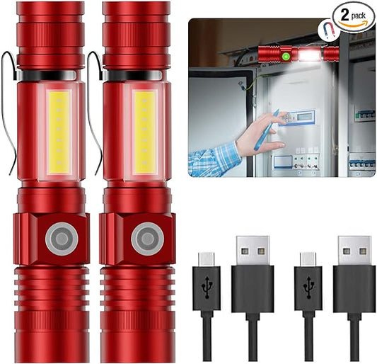 Flashlight USB Rechargeable, Magnetic LED Flashlight, Super Bright LED Tactical Flashlight with Cob Sidelight, 2000LM, Waterproof, Zoomable Best Small LED Flashlight for Camping, Emergency -Red