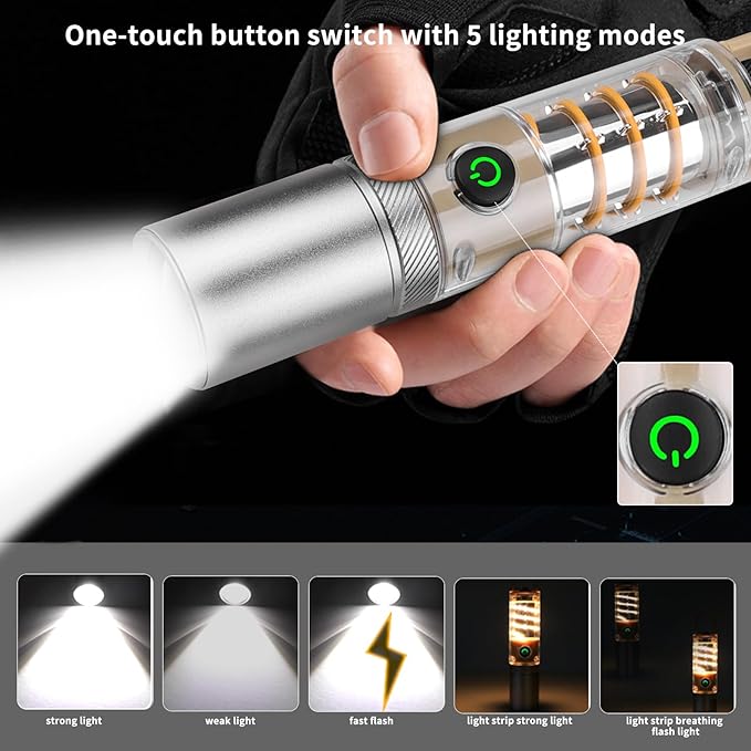 Rechargeable High Lumens Tactical LED Flashlight - 5 Lighting Modes, Zoomable, Waterproof, Powerful, Super Bright - Ideal for Camping, Travel,Emergencies, and Home Use.