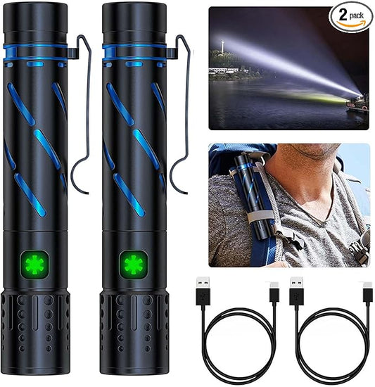 Small Rechargeable Flashlight 20000 High Lumens - 1500 Meters Long Beam Super Bright LED Tactical Flash light with Pocket Clip & IPX5 Waterproof for Camping, 4 Modes Zoomable Pocket EDC Flashlight