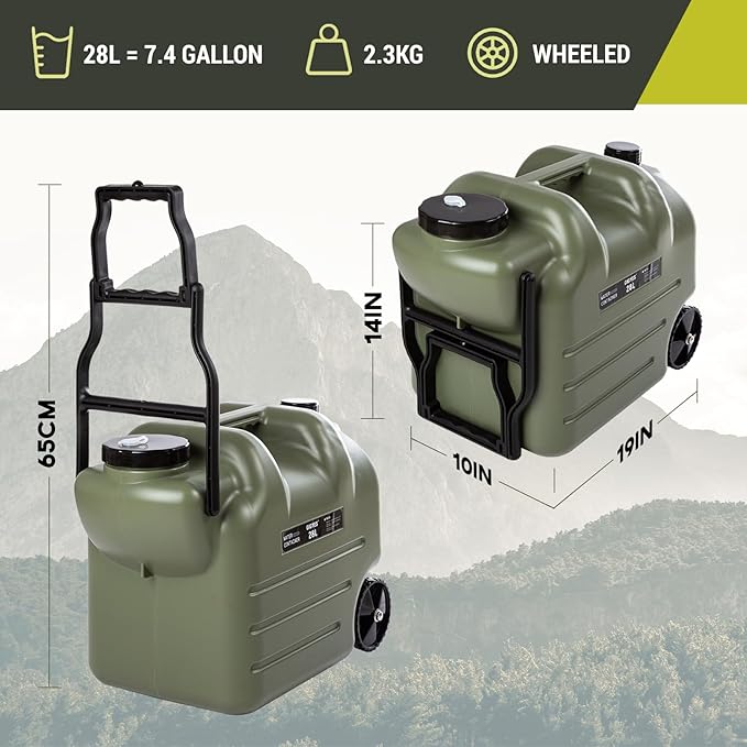 7.4 Gallon Water Jug With Wheels & Folding Handle, Portable Water Container, Rolling Wheel Water Storage Tank For Hiking Camping