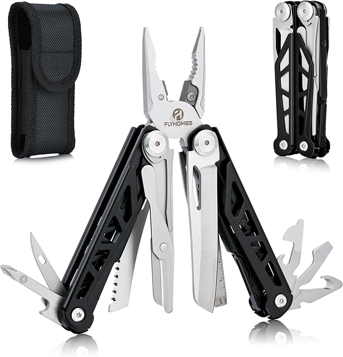 FLYHOMES Multitool 16-in-1 Multi tool Pliers with Springs Scissors Screwdriver and Saw… Gift for men Professional for Camping Survival Tools and Outdoor Adventures (Black)